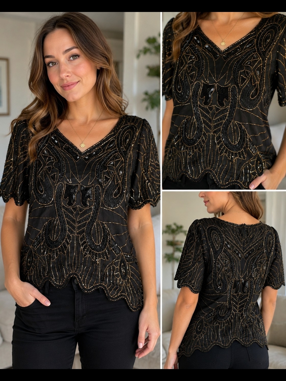 Scala Black V-Neck Short Sleeve Top with Gold Beading
